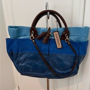 Maliparmi Blue Tone Leather Tote with Brown Handles